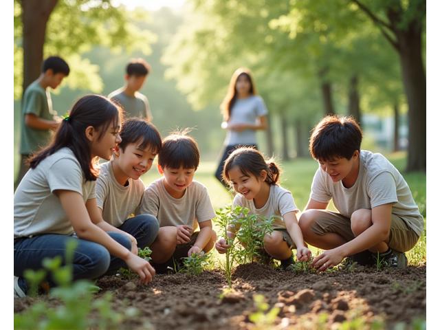 地域のボランティア活動で子供たちが苗木を植えている集合写真
