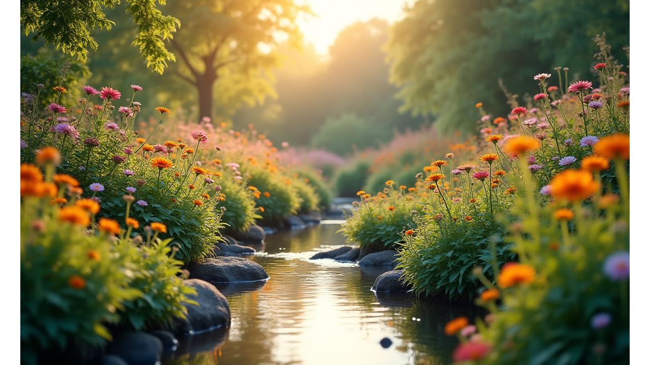 生き生きとした在来植物が茂り、蝶や鳥が舞う生物多様性豊かな庭園の美しい全景