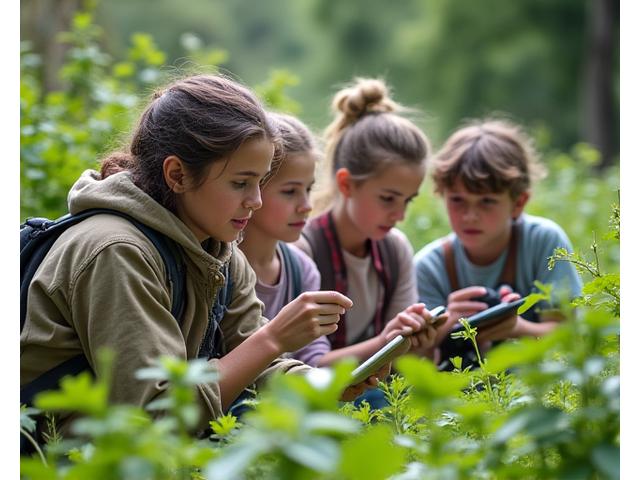 庭園で植物や昆虫を観察し、データを記録する人々の様子