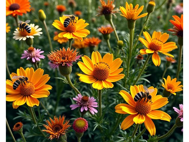 様々な種類の花々が咲き乱れ、ミツバチや蝶が活発に飛び交う美しいポリネーターガーデン