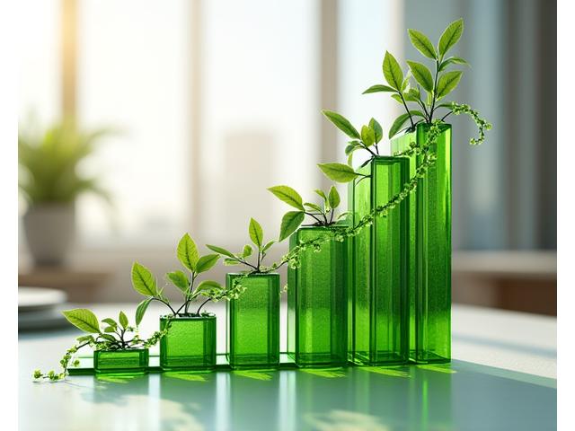 緑の植物と一体化した成長を示すグラフと上昇する矢印