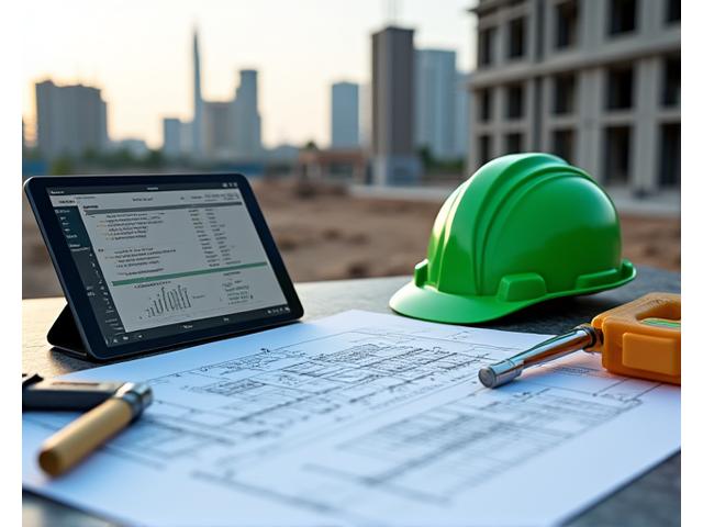 建設現場の青写真とヘルメット、タブレットが並べられ、プロジェクト管理を示唆