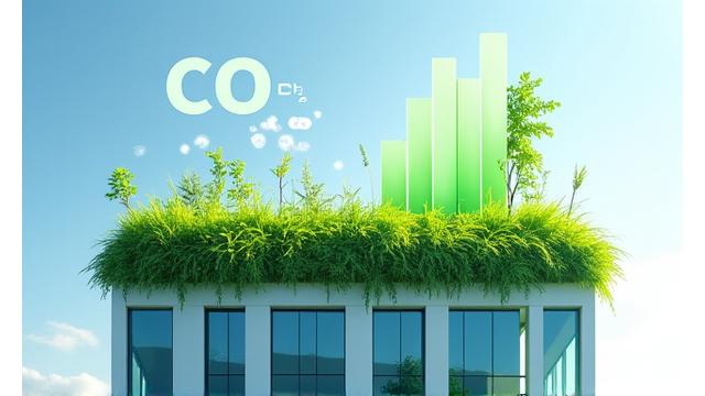 緑豊かなグリーンルーフの上空にCO2吸収量を示すグラフが重なる様子