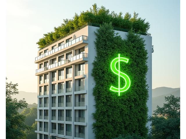 モダンな建物の屋上と壁面を緑化するCGと、エネルギー消費量を示す削減グラフの複合画像