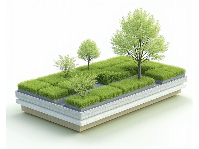 最新技術を駆使した軽量グリーンルーフシステムの断面図、断熱層と排水層が詳細に描かれている