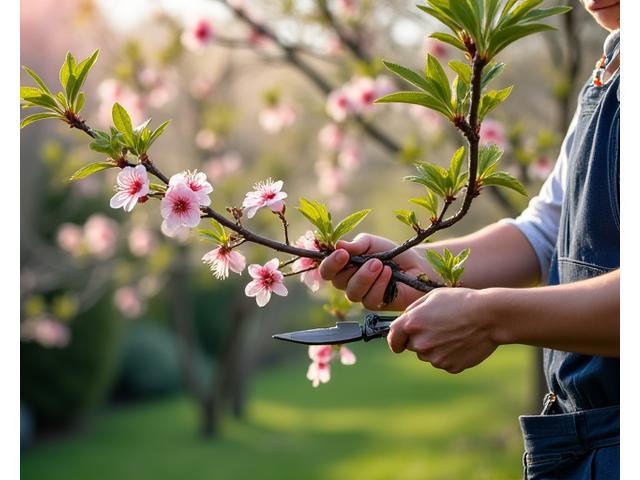春の庭で庭師が剪定している様子