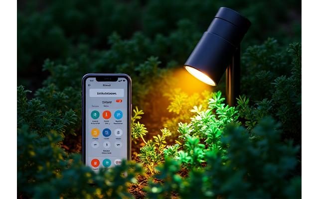 様々な色に変化するスマートLEDスポットライトとスマートフォンのアプリ画面