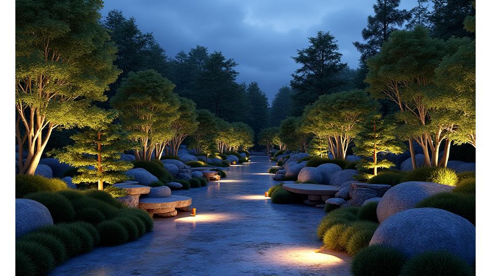 3Dレンダリングされた夜の庭園照明デザイン図