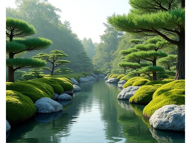昼間の美しい日本庭園の全景