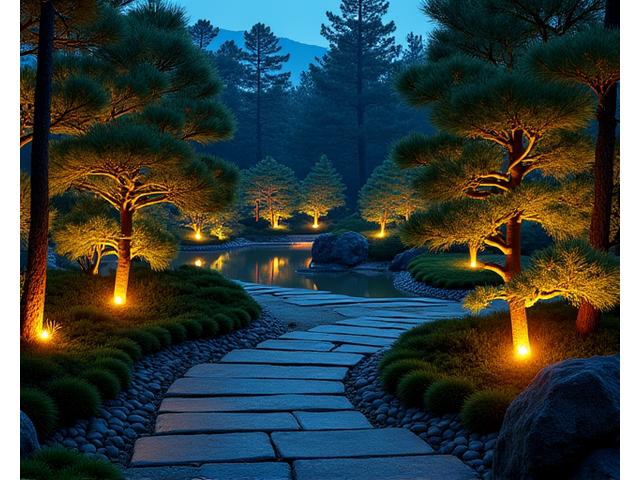 同じ庭園がLED照明で幻想的にライトアップされた夜景