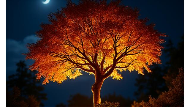 樹木を下から照らすアップライティングの夜間風景