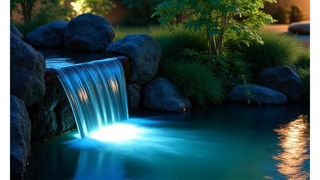 ライトアップされた水景、噴水、または池の美しい夜景