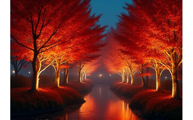 紅葉した木々が暖色系の光でドラマチックに照らされた秋の庭