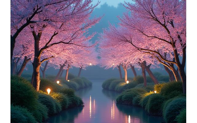 桜や新緑が淡いグリーンとピンクの光でライトアップされた春の庭