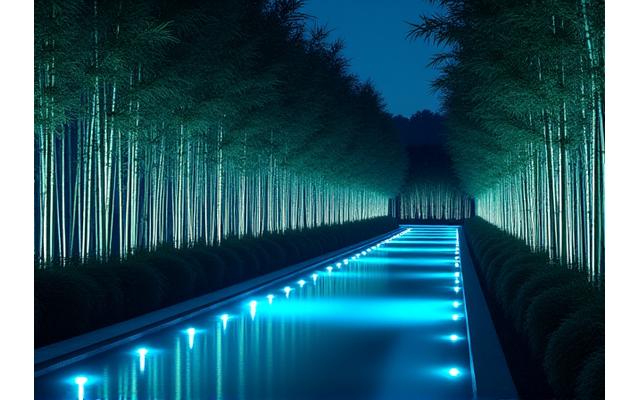 夏の夜、青やターコイズ系の照明で涼しげに演出された水辺や竹林