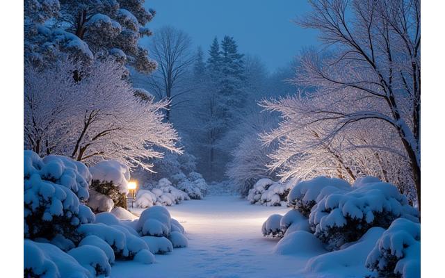 雪が積もった庭が優しい白色の光で照らされた冬の風景