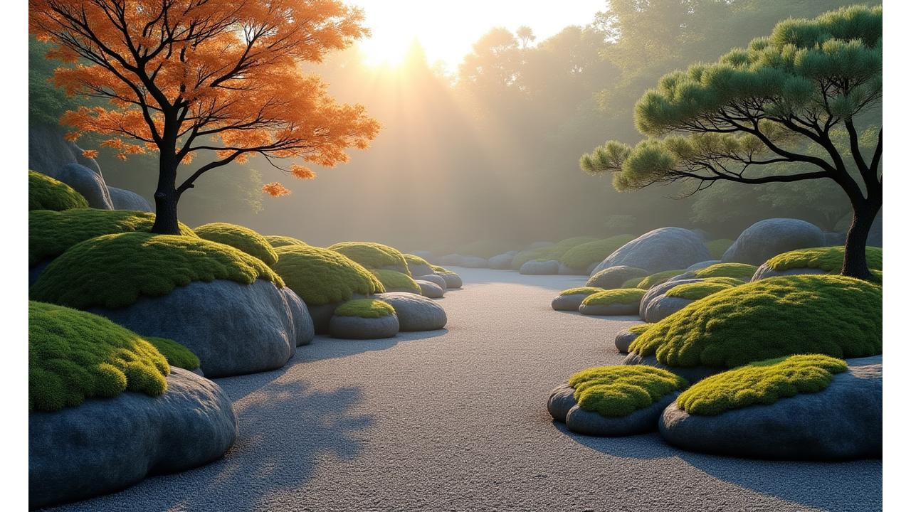 静かで豊かなロックガーデンと禅庭園の全景