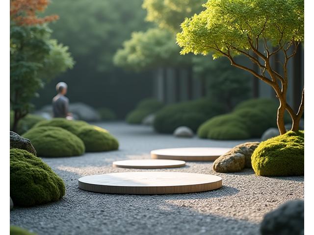 瞑想する人がいる静かな禅庭園の風景