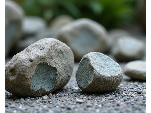 様々な形状の自然石が配置された石庭のクローズアップ
