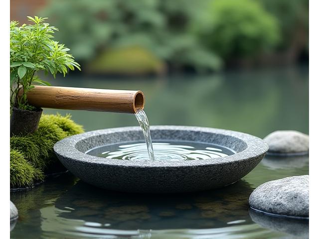 つくばいから水が流れ落ちる静かな水景