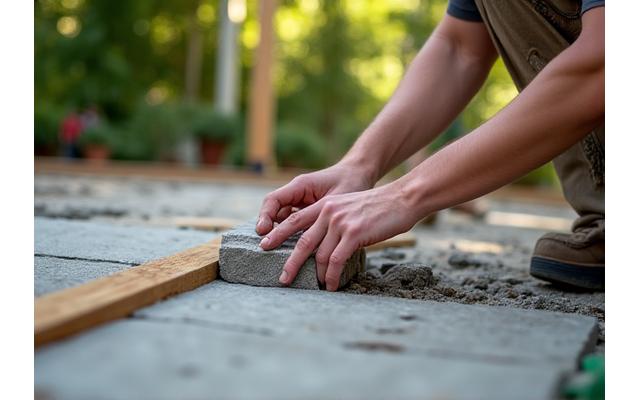 職人によって設置される石畳とウッドデッキ