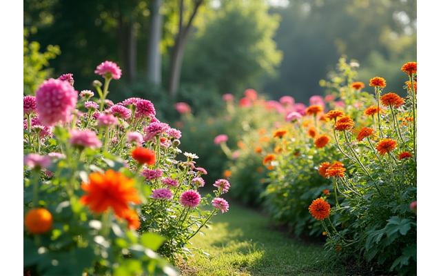 色とりどりの花と植物が植えられた豊かな植栽エリア