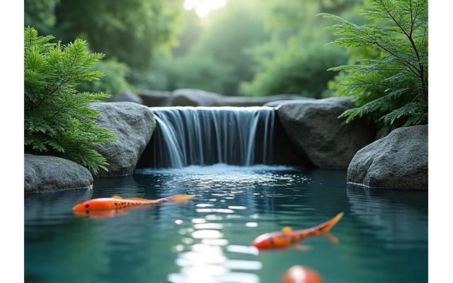 穏やかな水の流れと鯉が泳ぐ池がある美しい水景施設