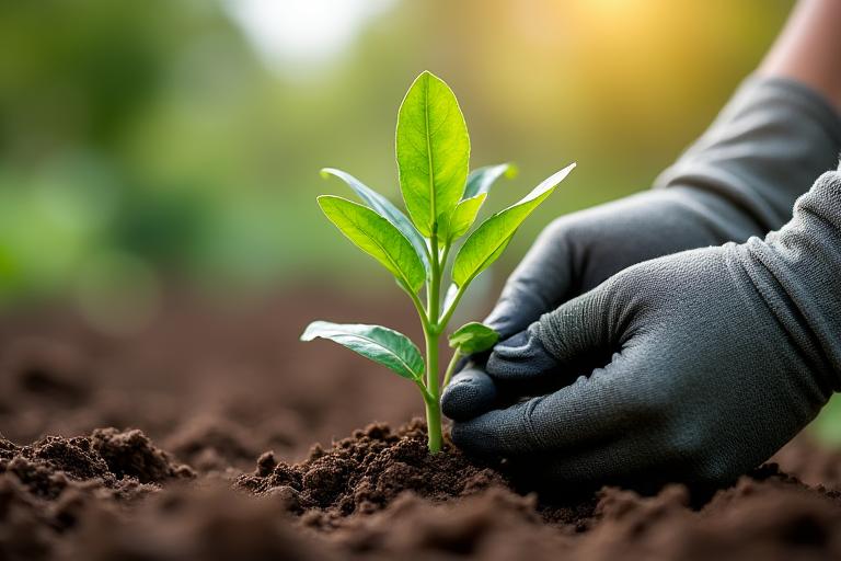 若木が丁寧に植えられている様子、専門家が土壌を整えている