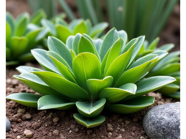 少ない水やりで健康に育つ在来植物のクローズアップ。土壌の湿度が保たれ、乾燥に強い