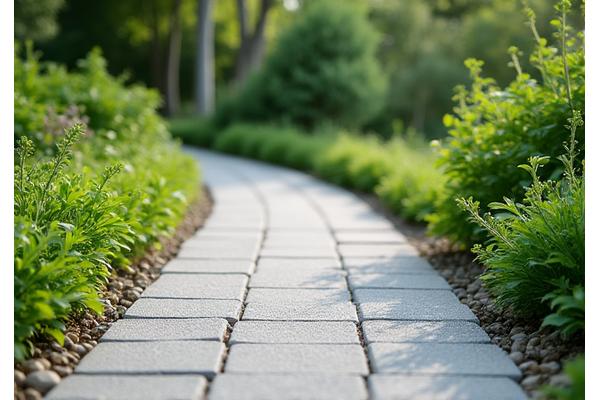 低環境負荷のコンクリートブロックが敷き詰められた庭園の小道