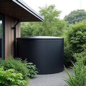 現代的なデザインの雨水貯留タンクと、それにつながる雨樋