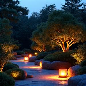 夜の庭園を優しく照らすソーラー式LED照明。環境に配慮された美しい光