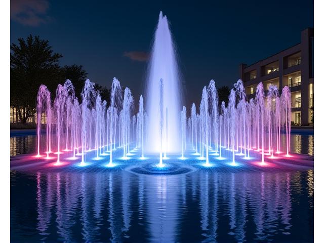夜間、LEDライトアップされたミニマルモダンな噴水が、プログラム制御された水の動きで幻想的なパターンを作り出している