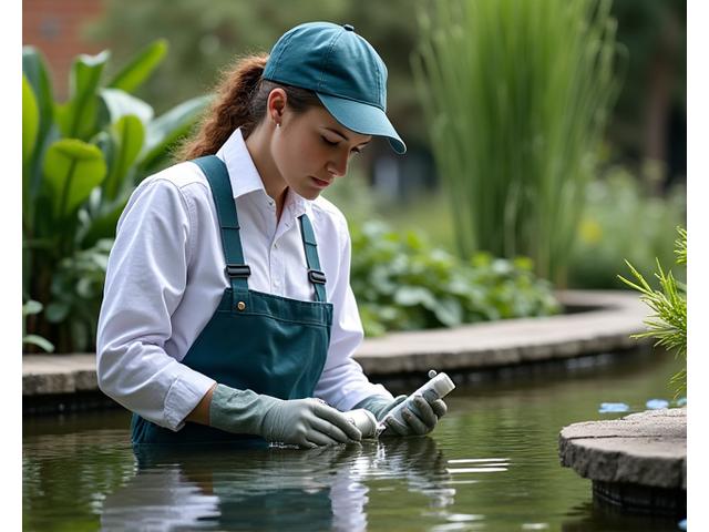 専門の技術者が水質検査キットとツールを使って、美しく手入れされた庭園池の水を検査している様子