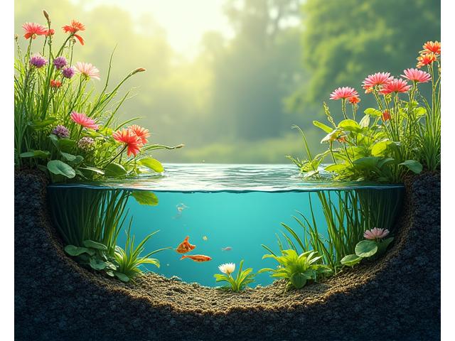 水生植物が茂り、魚が泳ぐ生態系豊かなビオトープ池の水中と水上を両方見せる透明な断面図
