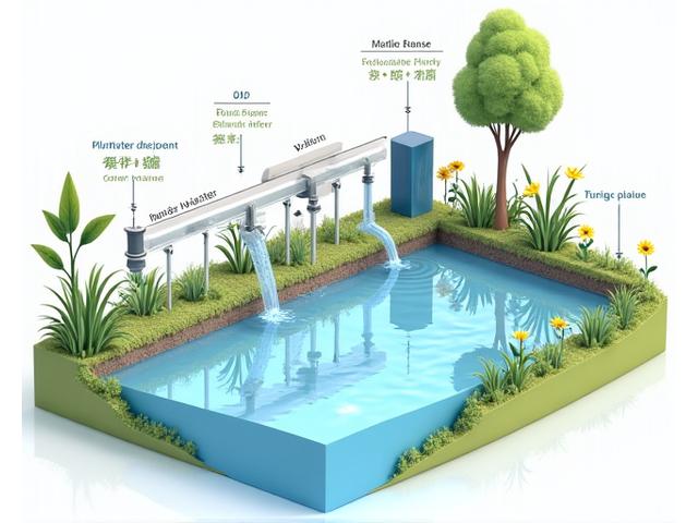 水生植物とフィルター要素を含むバイオフィルターシステムとポンプの構成図。水がろ過されて透明になる様子を表すアイコン