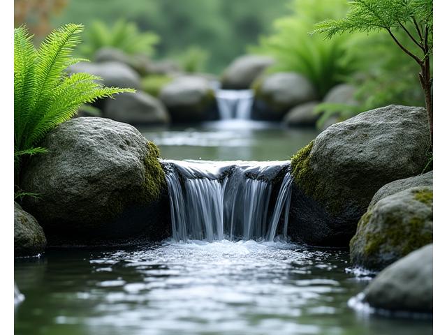 石組みを配した自然な雰囲気の庭園カスケードで、水が穏やかに流れ落ちている様子